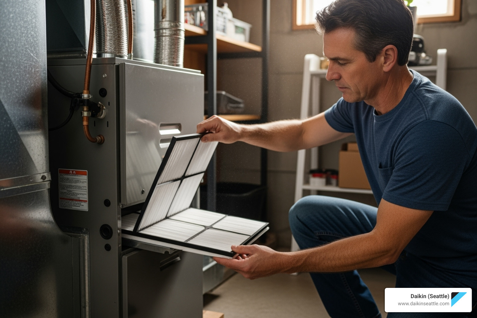 A homeowner changing a furnace filter - HVAC preventative maintenance