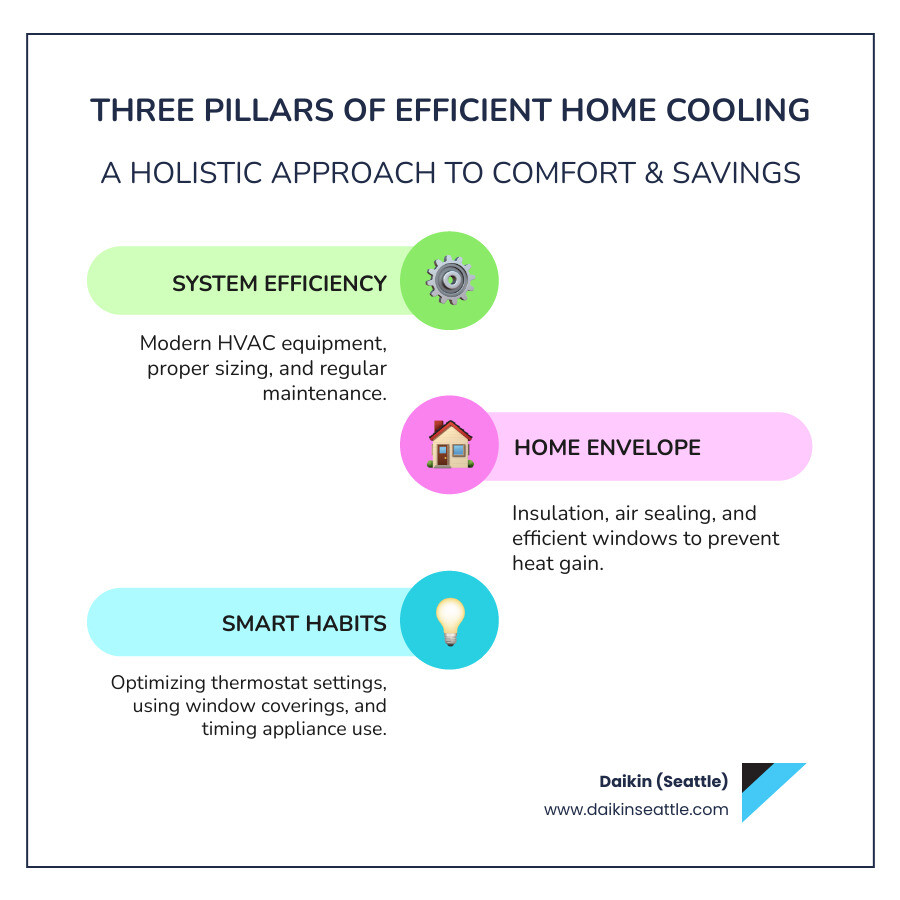 Infographic showing three interconnected pillars of efficient home cooling: System Efficiency (modern HVAC equipment, proper sizing, regular maintenance), Home Envelope (insulation, air sealing, efficient windows), and Smart Habits (thermostat settings, window coverings, strategic appliance use) - Efficient home cooling infographic infographic-line-3-steps-colors