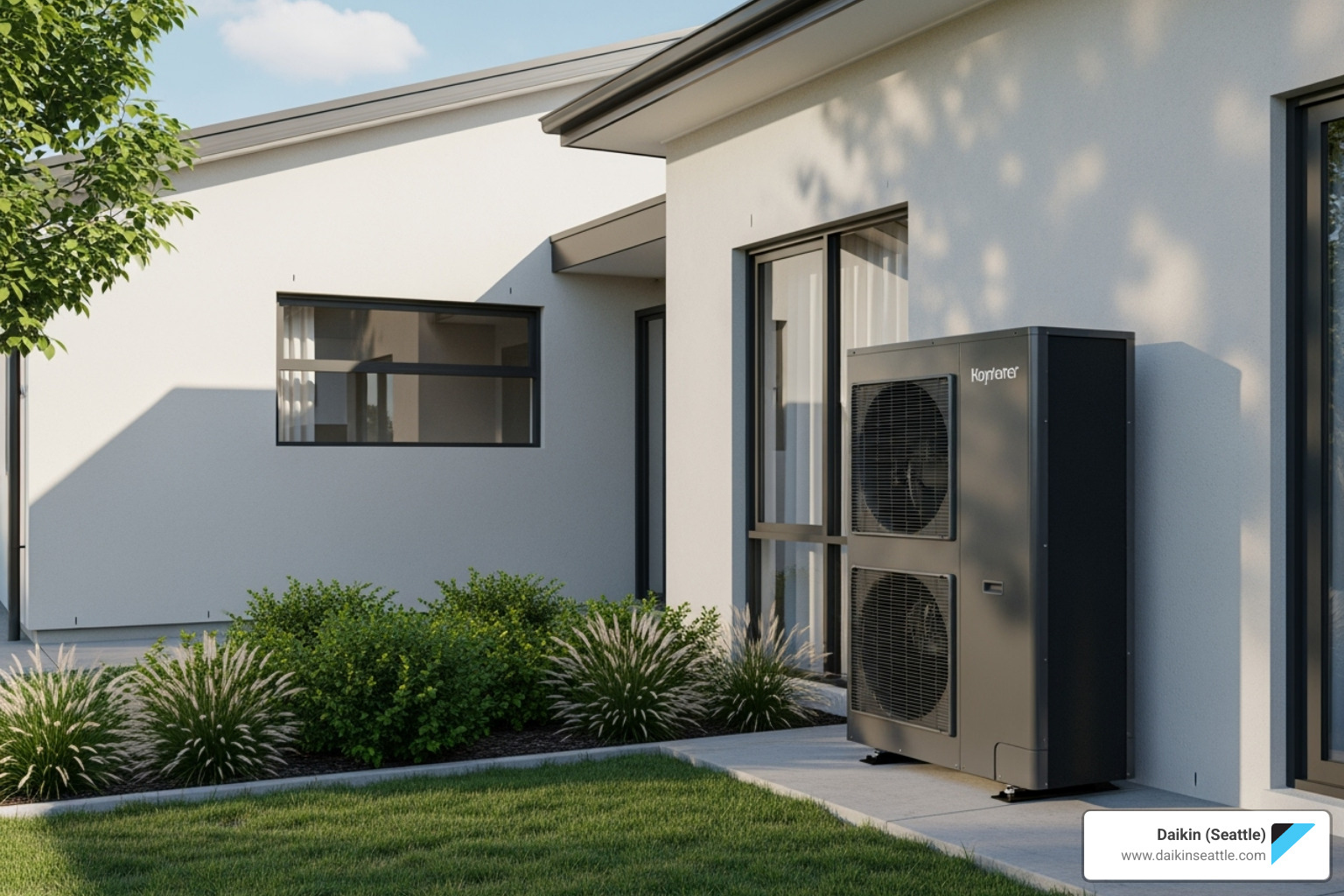 sleek modern outdoor heat pump unit next to a home - Efficient home cooling