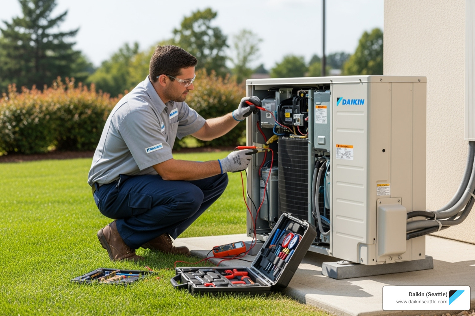 A certified technician servicing a Daikin outdoor unit - Daikin AC maintenance