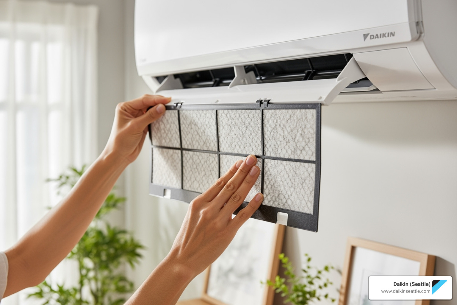 A person easily sliding out and cleaning a Daikin AC filter - Daikin AC maintenance