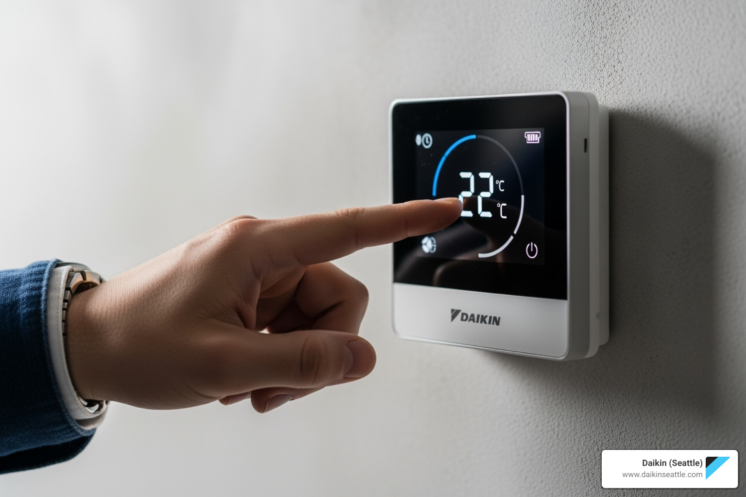 A hand adjusting a Daikin smart thermostat - Daikin AC maintenance