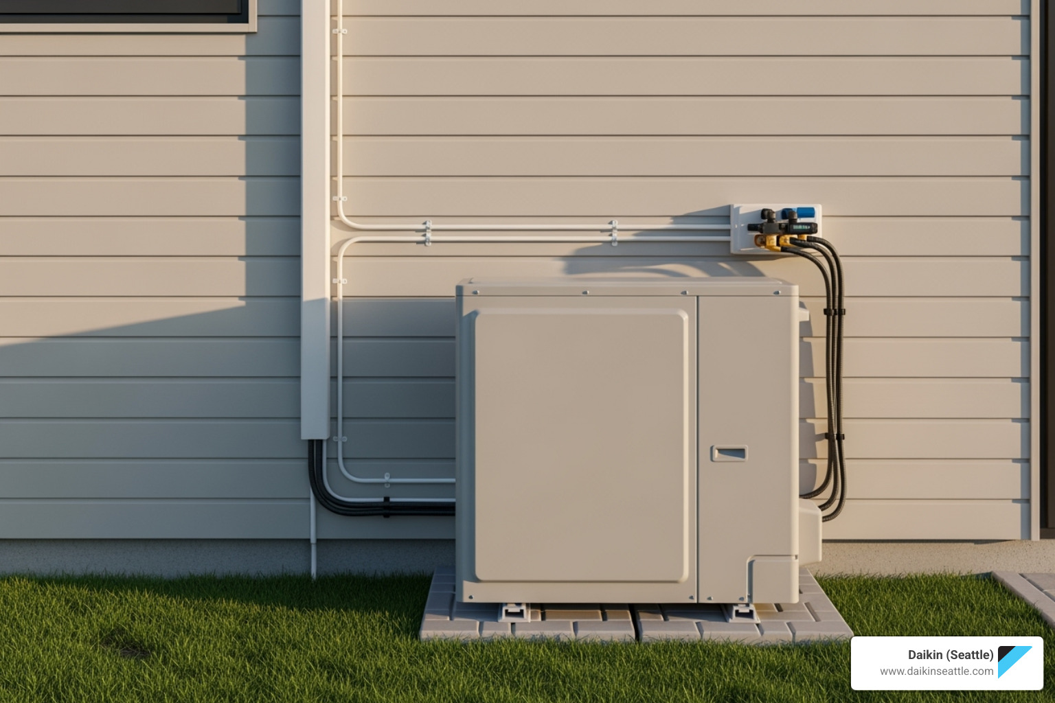 Clean installation with line hide on the side of a house - Heat pump installation Seattle