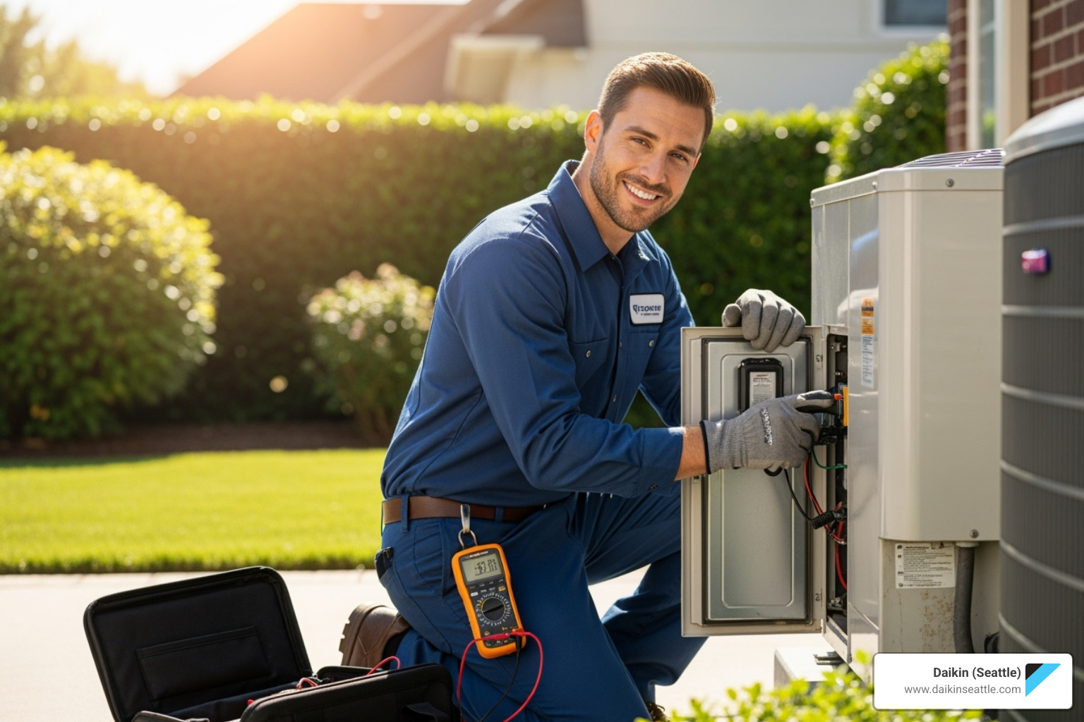 friendly technician servicing an outdoor heat pump unit - hvac seattle washington