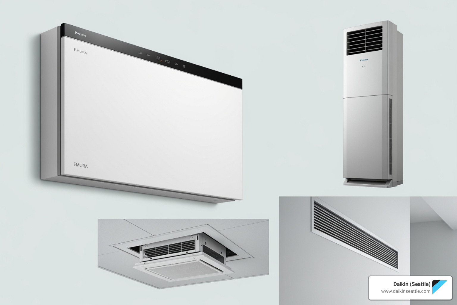 Collage of different Daikin indoor units like EMURA and a floor-mounted model - Daikin ductless heat pump