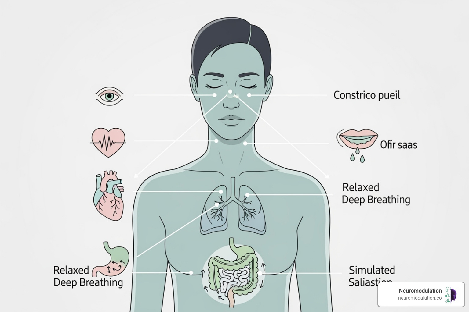 Illustration of a person in a relaxed state with arrows showing physiological changes during rest and digest: constricted pupils, slowed heart rate, relaxed breathing, stimulated digestion, and increased salivation. - parasympathetic versus sympathetic nervous system Illustration of a person in a relaxed state with arrows showing physiological changes during rest and digest: constricted pupils, slowed heart rate, relaxed breathing, stimulated digestion, and increased salivation. - parasympathetic versus sympathetic nervous system