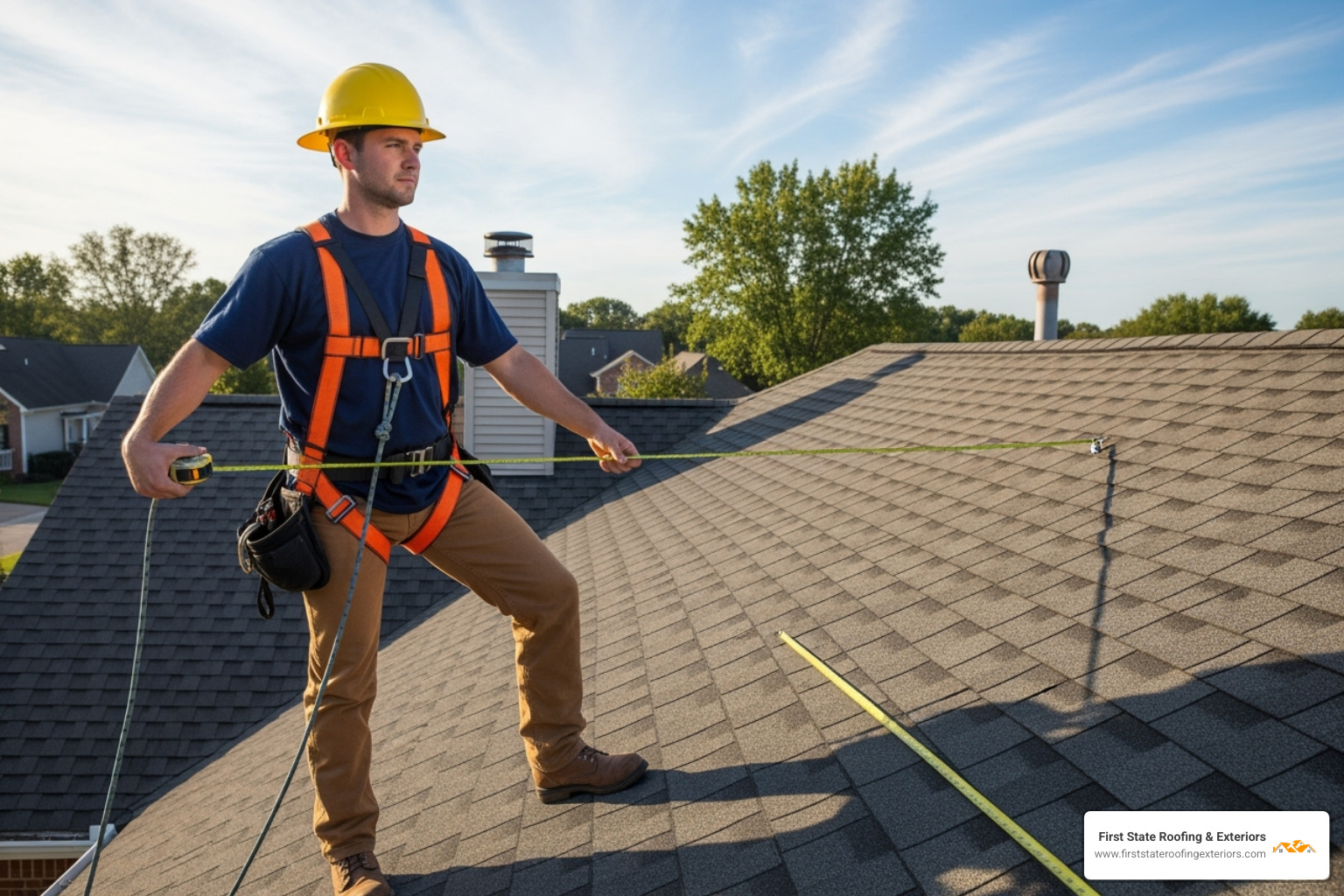 A roofing contractor wearing a safety harness and hard hat, measuring a residential roof in Delaware with a tape measure, ensuring accurate dimensions for a new roof installation. - roof installation cost