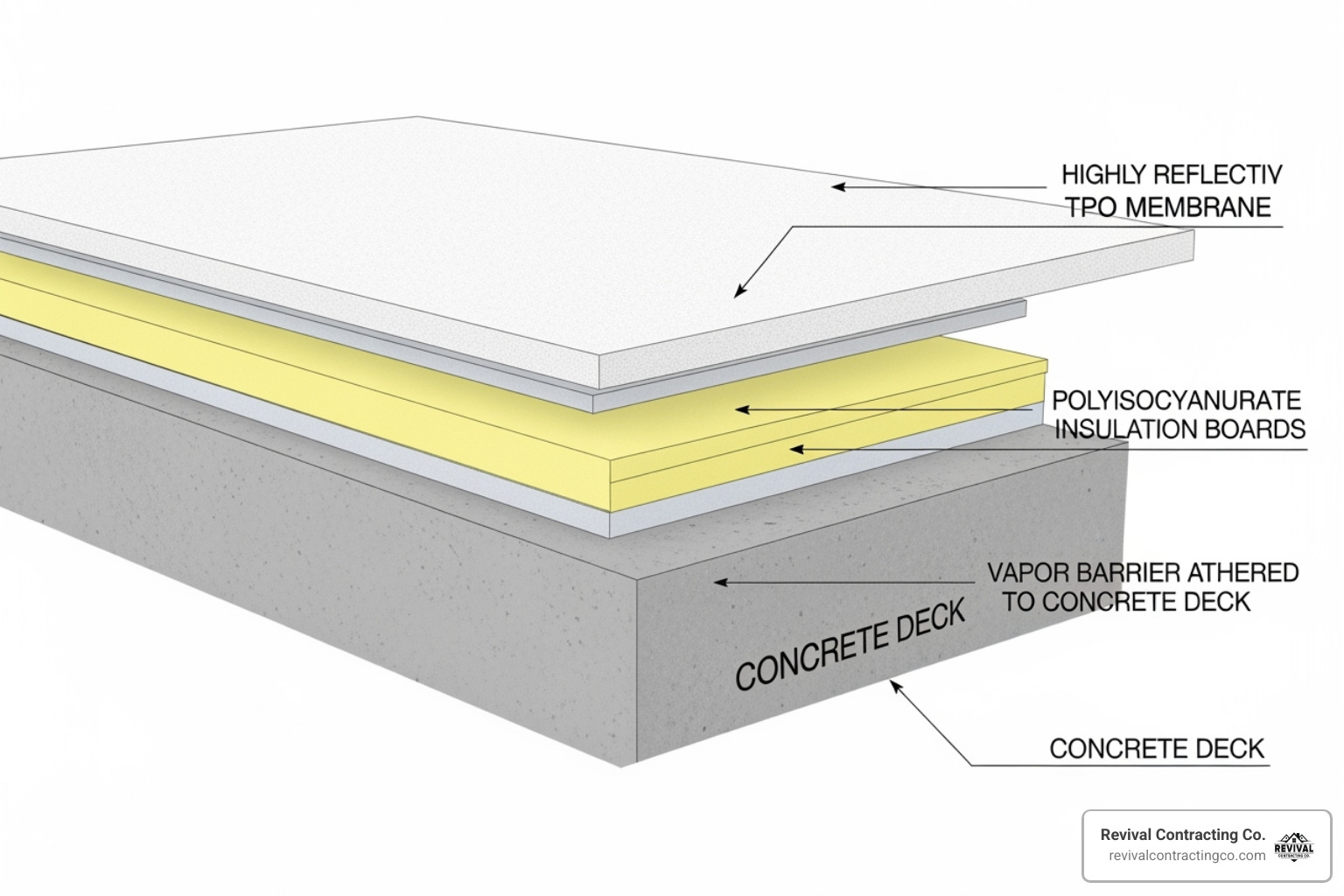 showing a cross-section of a multi-layer commercial roofing system - Commercial roofers Cleveland Ohio