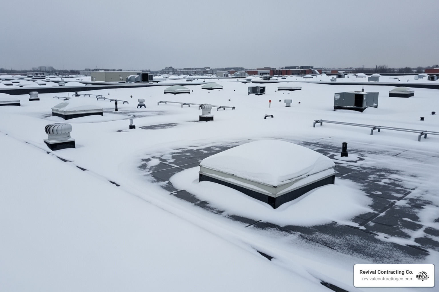 of a snow-covered commercial roof in Ohio - Commercial roofers Cleveland Ohio