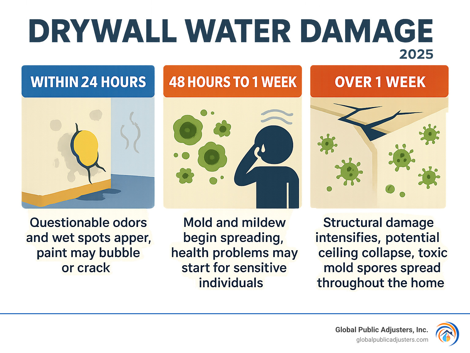 Infographic showing the progression of drywall water damage: Within 24 hours - questionable odors and wet spots appear, paint may bubble or crack; 48 hours to 1 week - mold and mildew begin spreading, health problems may start for sensitive individuals; Over 1 week - structural damage intensifies, potential ceiling collapse, toxic mold spores spread throughout the home - Drywall water damage infographic 