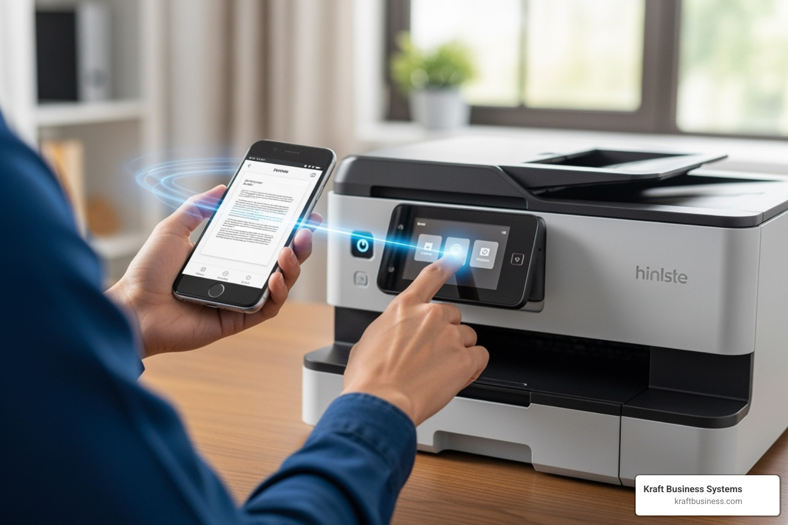 person using a smartphone to print wirelessly to an all-in-one printer - printer machine