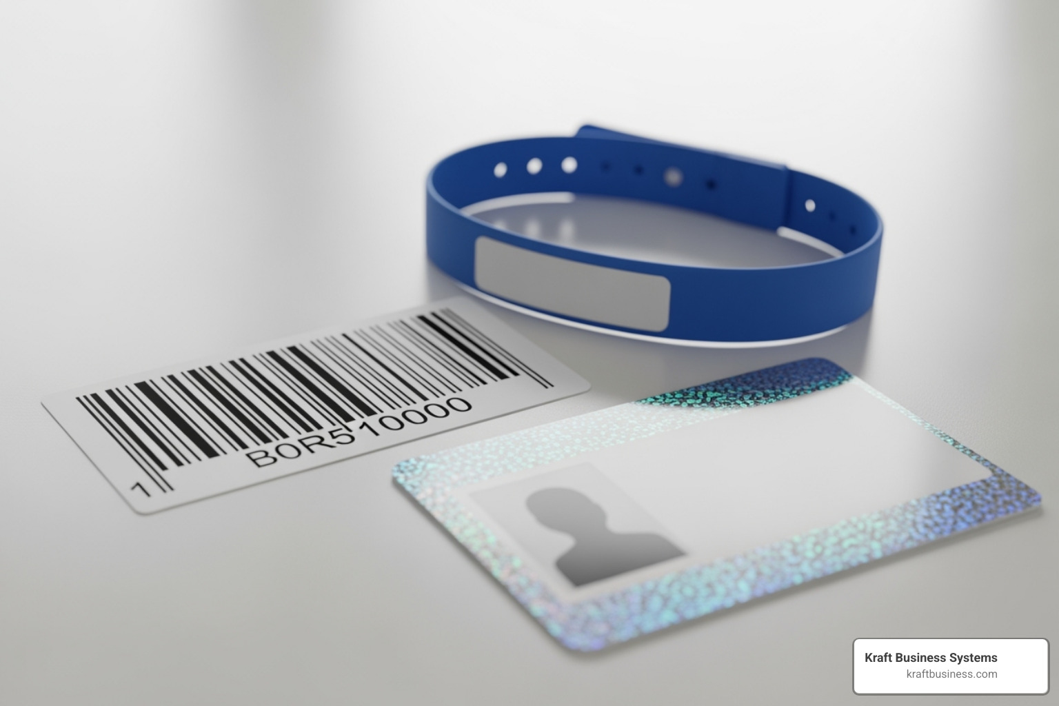 various printed materials from specialized printers: a barcode label, a hospital wristband, and an ID card - printer machine
