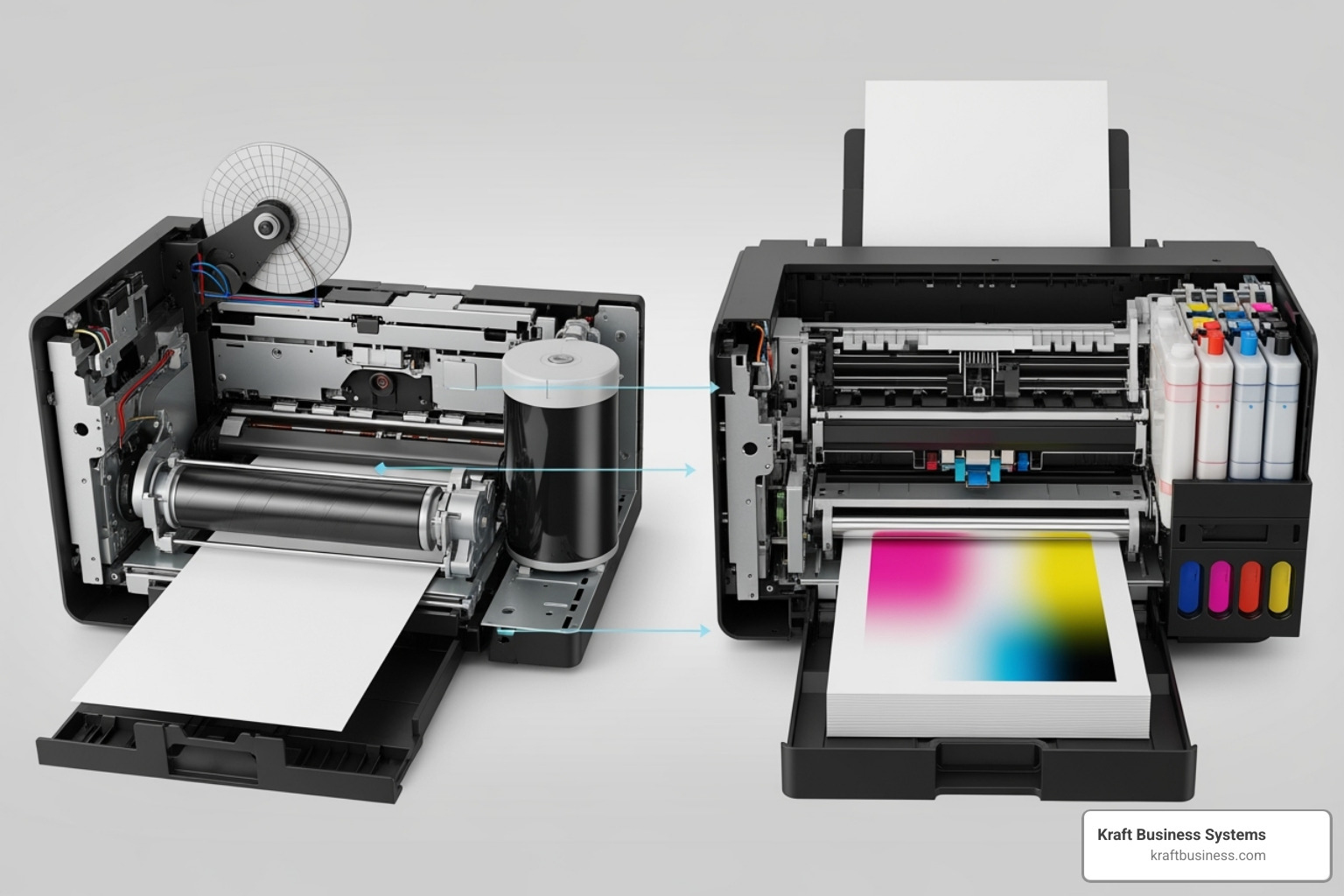laser printer internal mechanism contrasted with an inkjet's printhead - printer machine