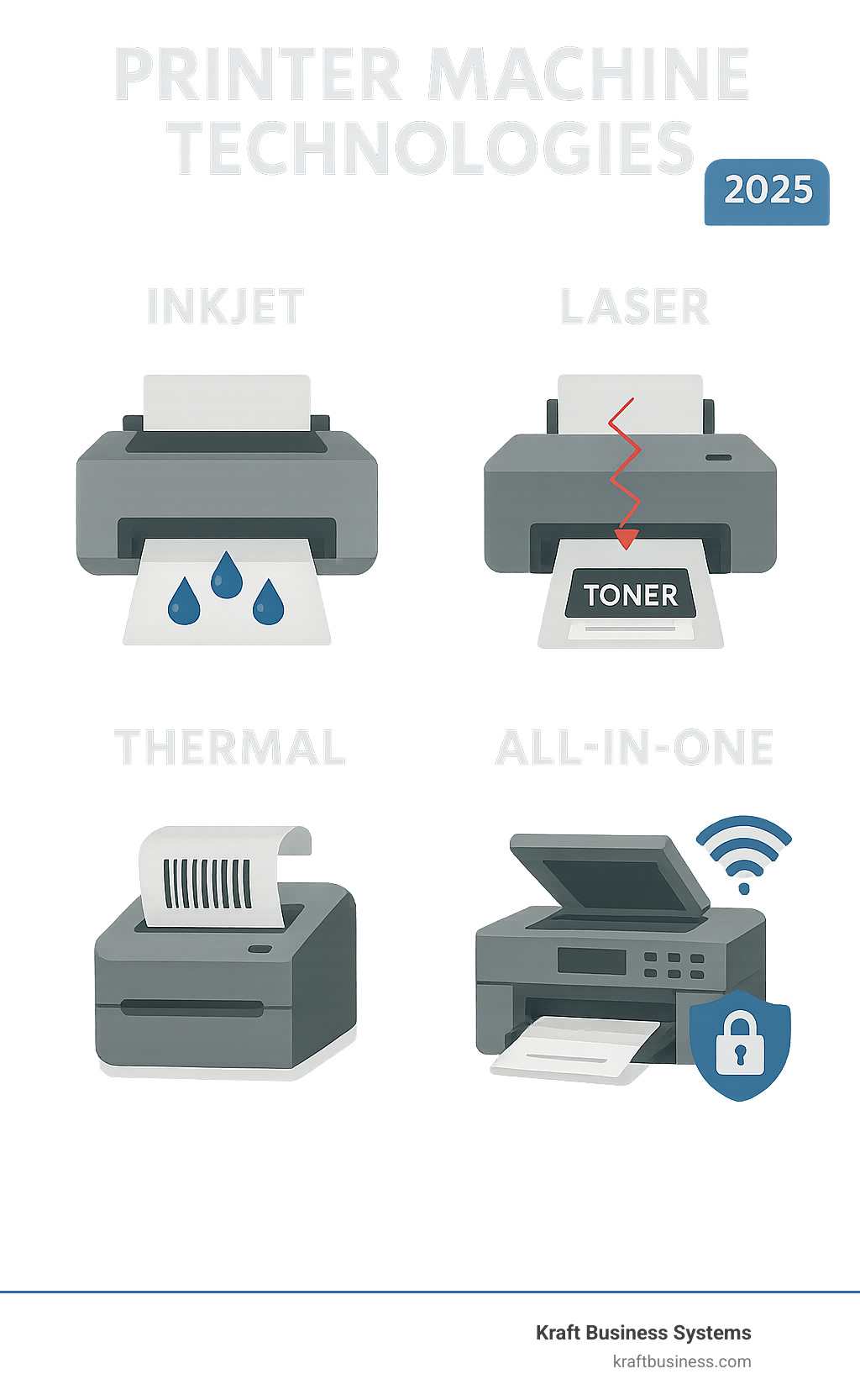 Comprehensive comparison of printer machine technologies showing inkjet droplets, laser toner fusion process, thermal printing mechanism, and all-in-one functionality with connectivity options and security features highlighted - printer machine infographic 