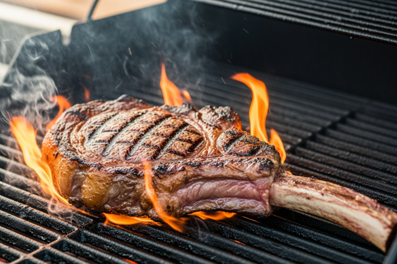 tomahawk steak searing on hot grill - harga tomahawk steak