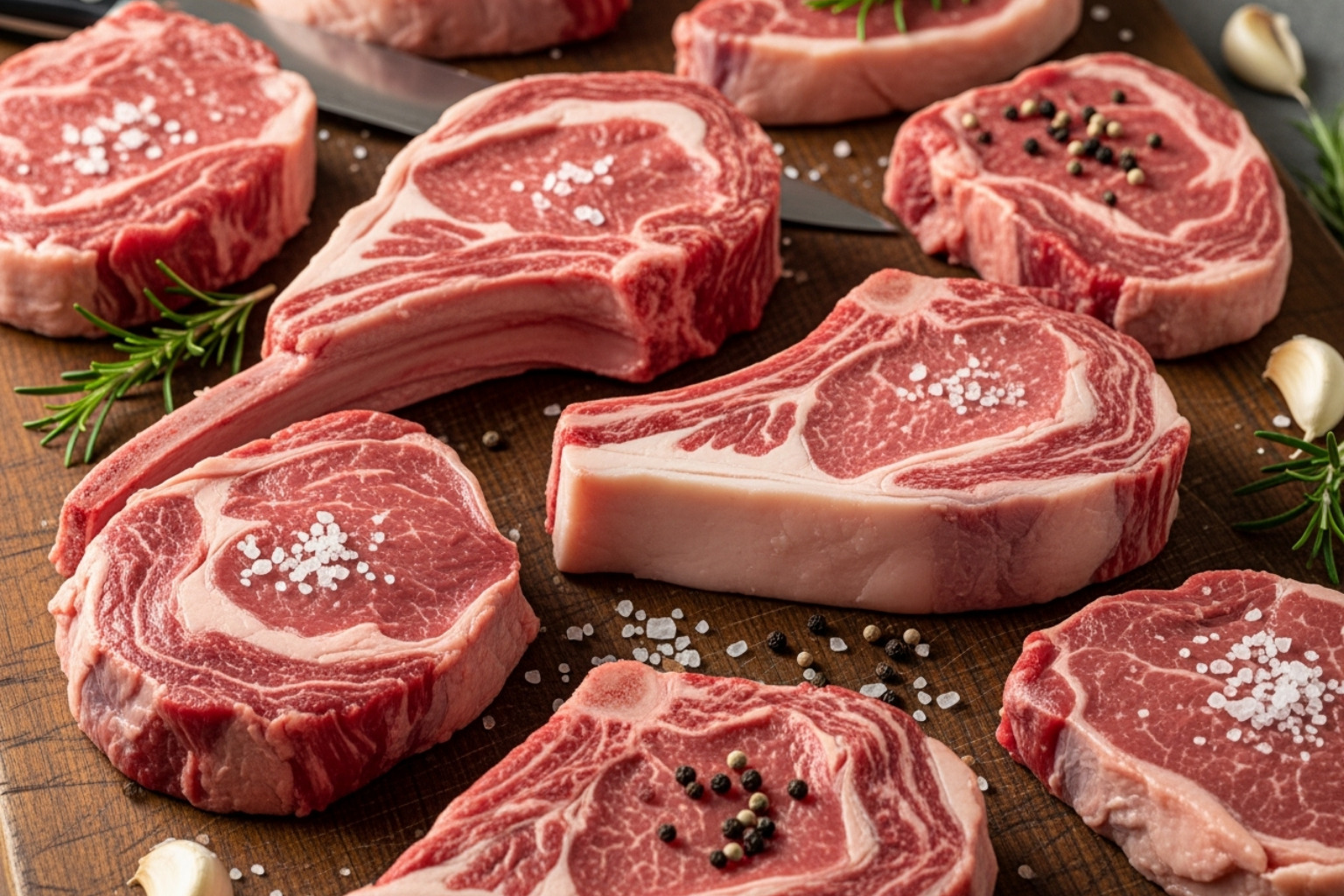 various raw tomahawk steaks with different marbling levels - harga tomahawk steak