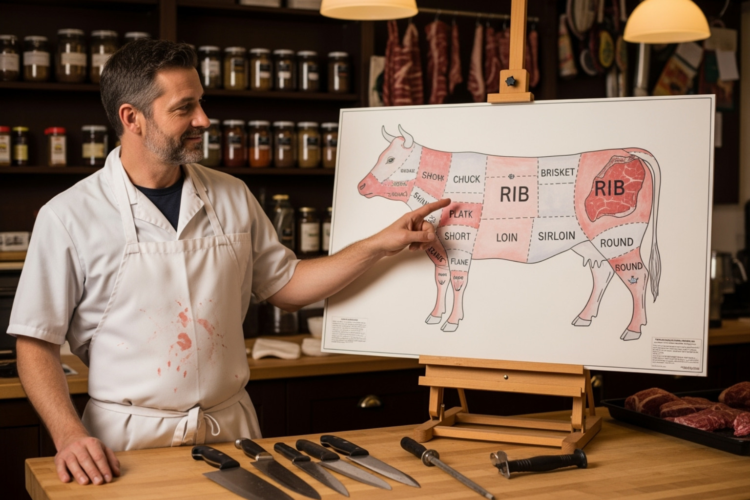 butcher pointing to rib section on cow diagram - harga tomahawk steak