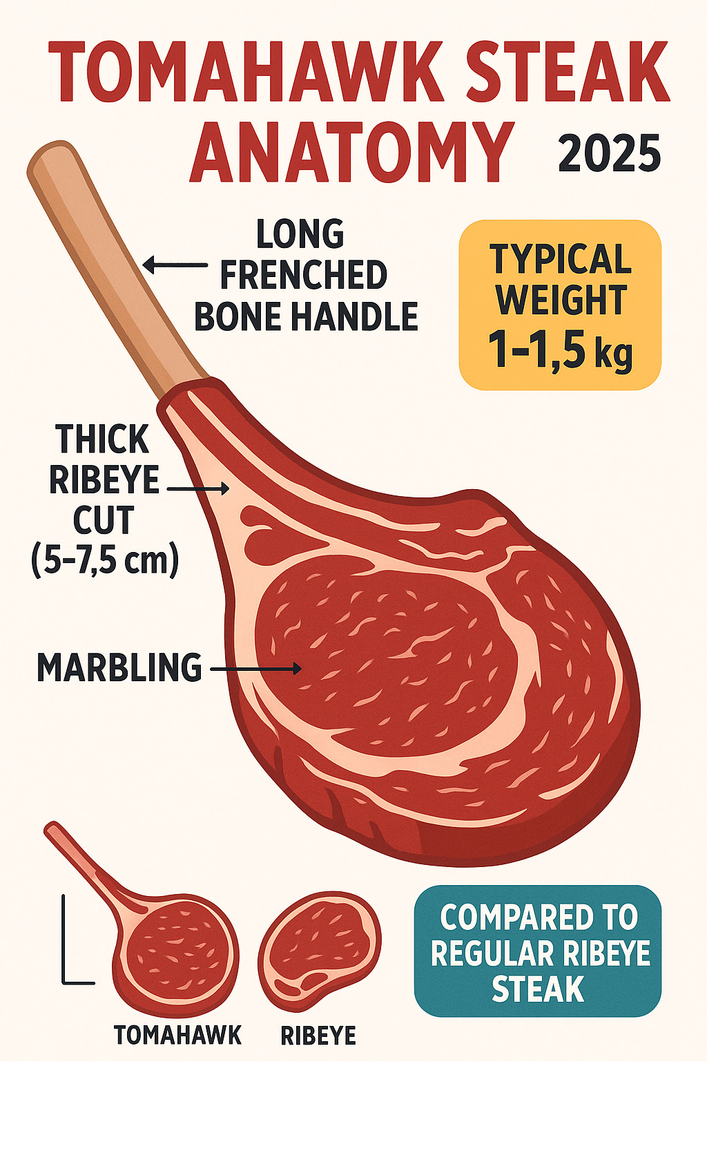 Infographic showing tomahawk steak anatomy with labeled parts: long frenched bone handle, thick ribeye cut (5-7.5cm), marbling distribution, typical weight (1-1.5kg), and comparison to regular ribeye steak - harga tomahawk steak infographic 