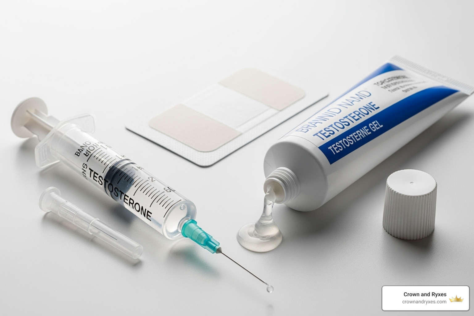 Graphic showing different methods of hormone therapy administration like gels, patches, and injections - Hormone therapy men