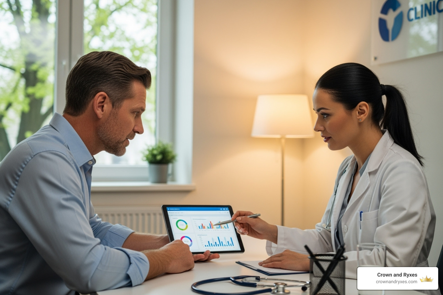 Graphic of a man consulting with a doctor about potential risks - Hormone therapy men