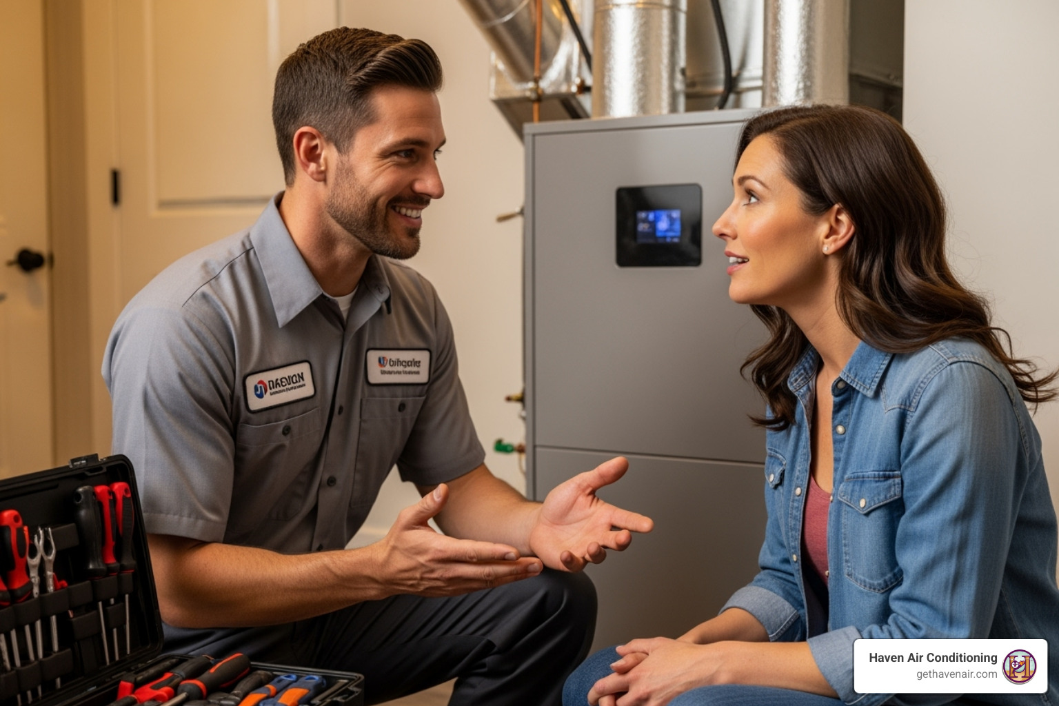 A friendly HVAC technician engaging in conversation with a homeowner, explaining the service being performed - hvac fullerton A friendly HVAC technician engaging in conversation with a homeowner, explaining the service being performed - hvac fullerton