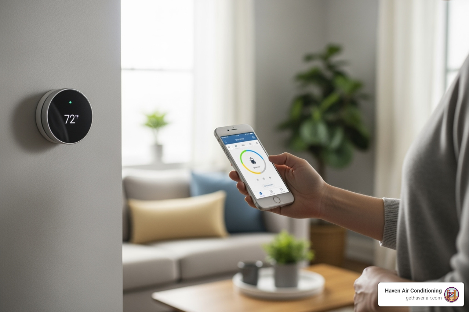 A homeowner adjusting a smart thermostat with their phone, showing the convenience of remote control - hvac fullerton A homeowner adjusting a smart thermostat with their phone, showing the convenience of remote control - hvac fullerton
