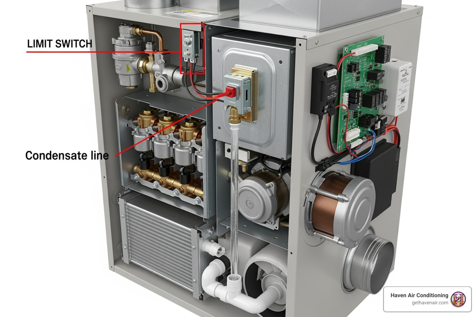 of a furnace's internal components, highlighting the limit switch and condensate line - heater blowing cold air of a furnace's internal components, highlighting the limit switch and condensate line - heater blowing cold air