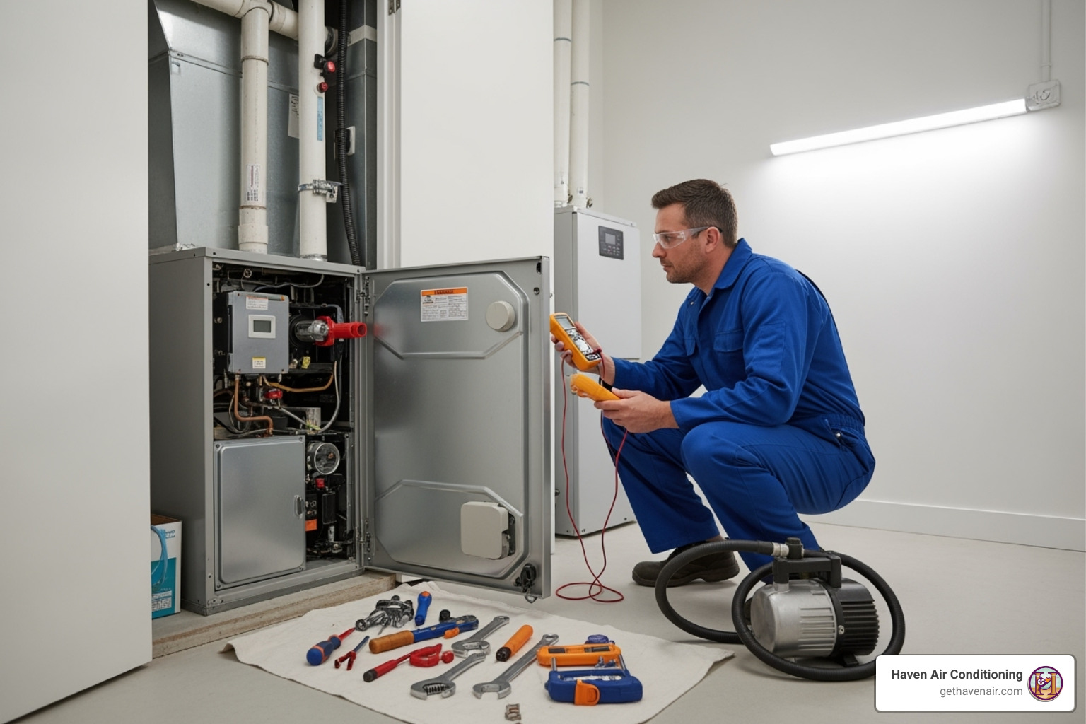 technician performing a tune-up on a clean heating unit - heating repair riverside