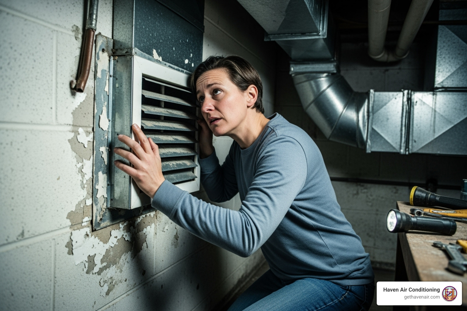 person looking concerned at a noisy furnace vent - heating repair riverside