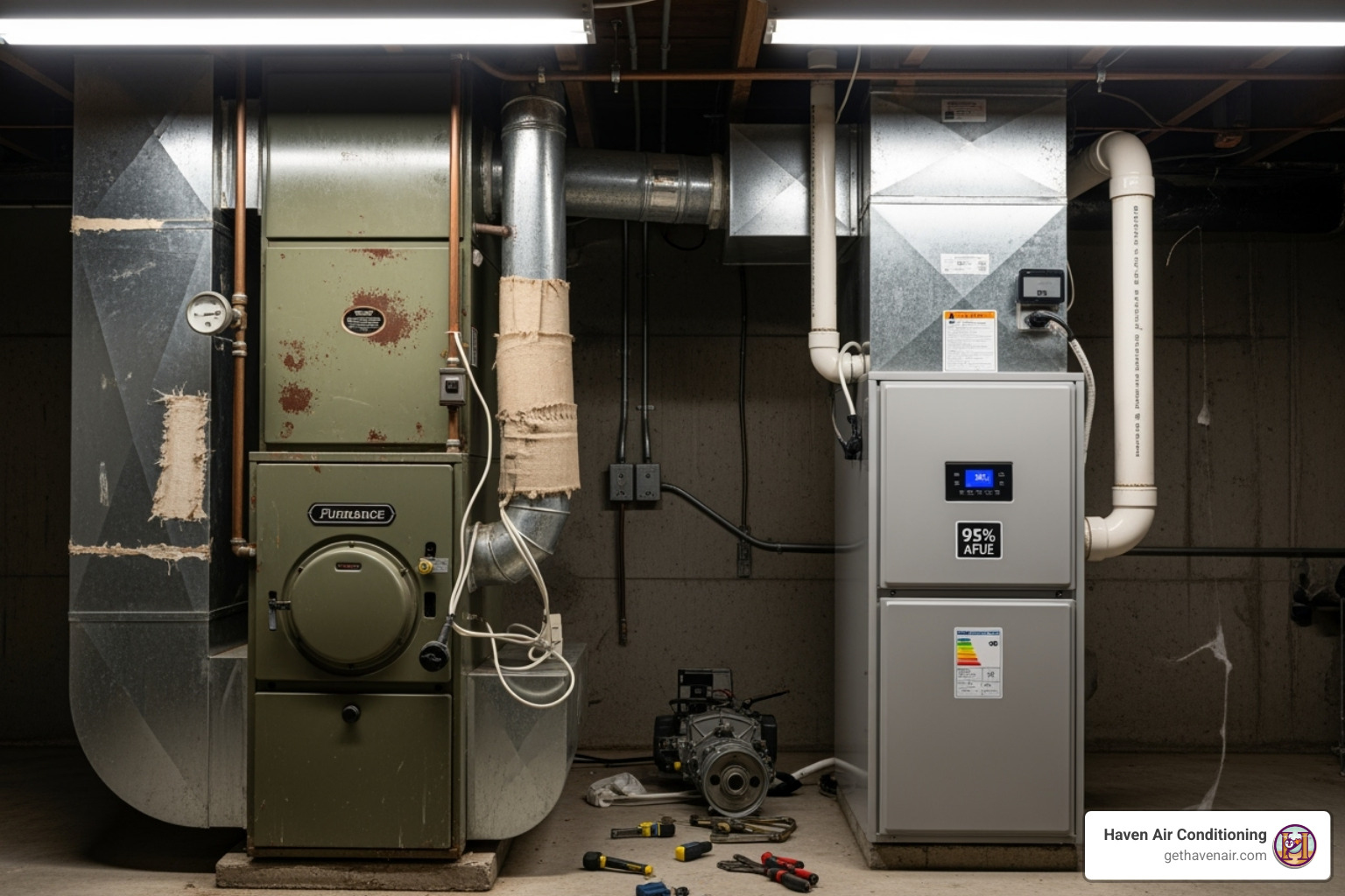 old, inefficient furnace next to a new, high-efficiency model - heating repair riverside