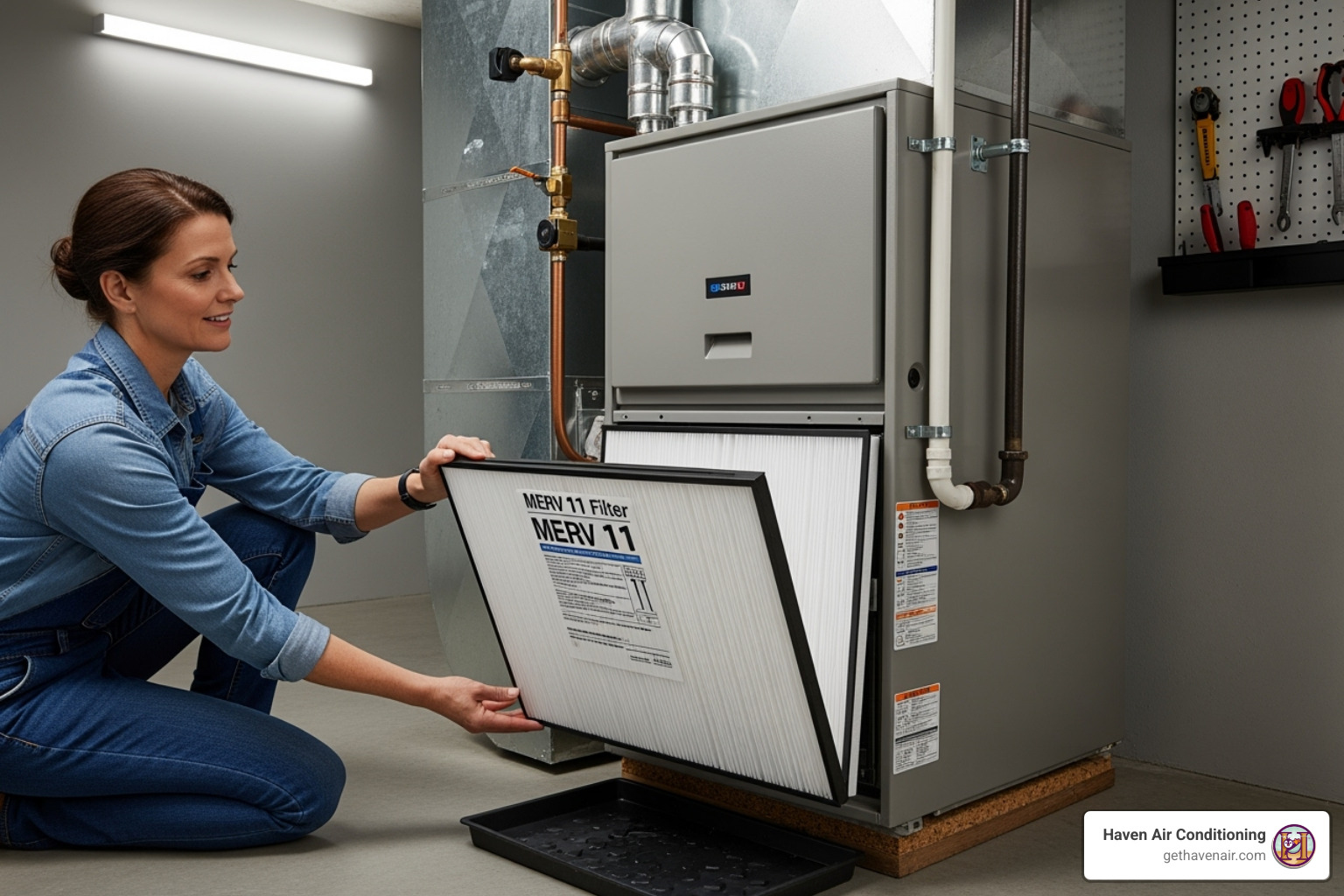 A homeowner easily replacing a clean furnace filter - Furnace repair Dana Point