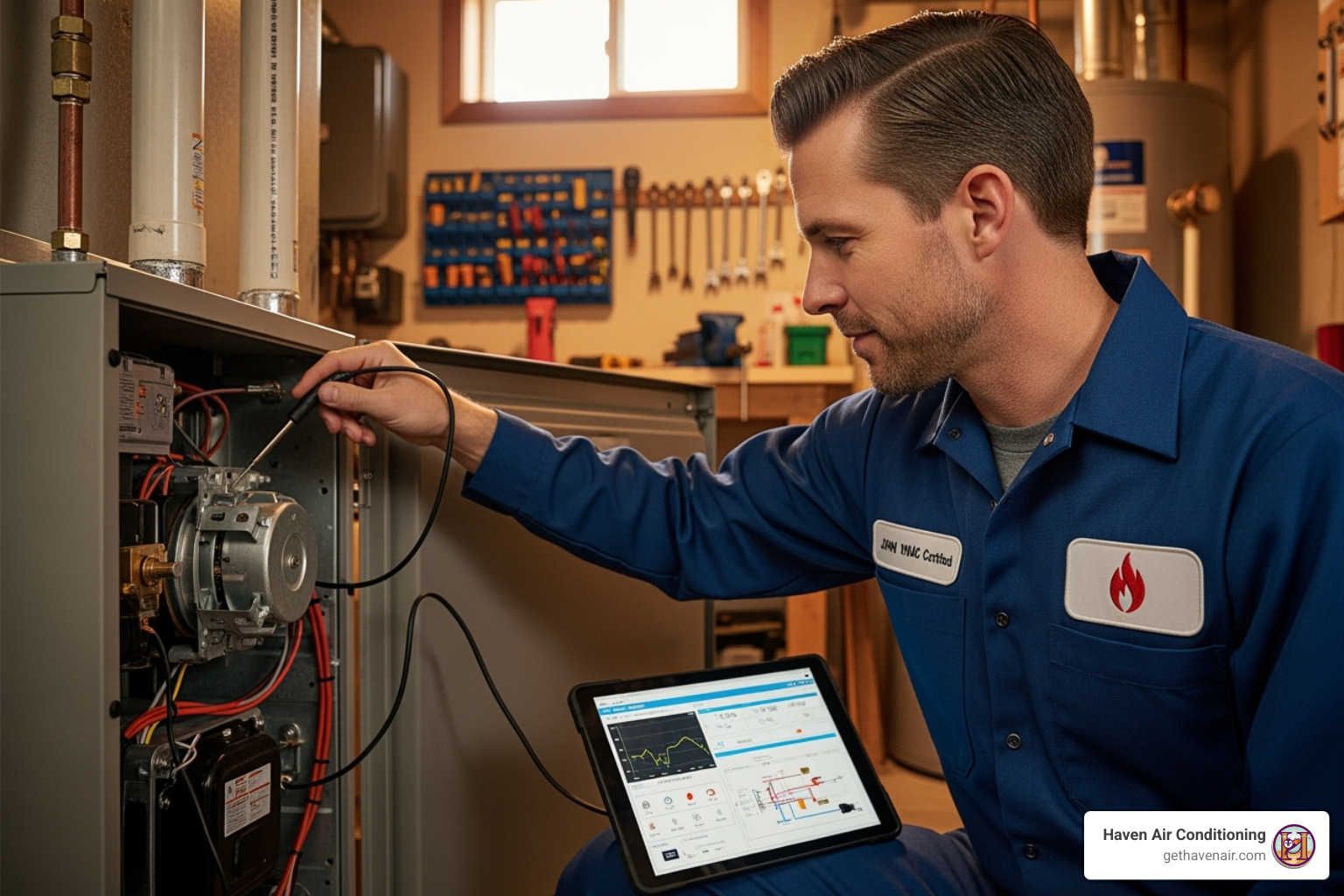 A friendly, uniformed technician diagnosing a furnace with a tablet - Furnace repair Dana Point