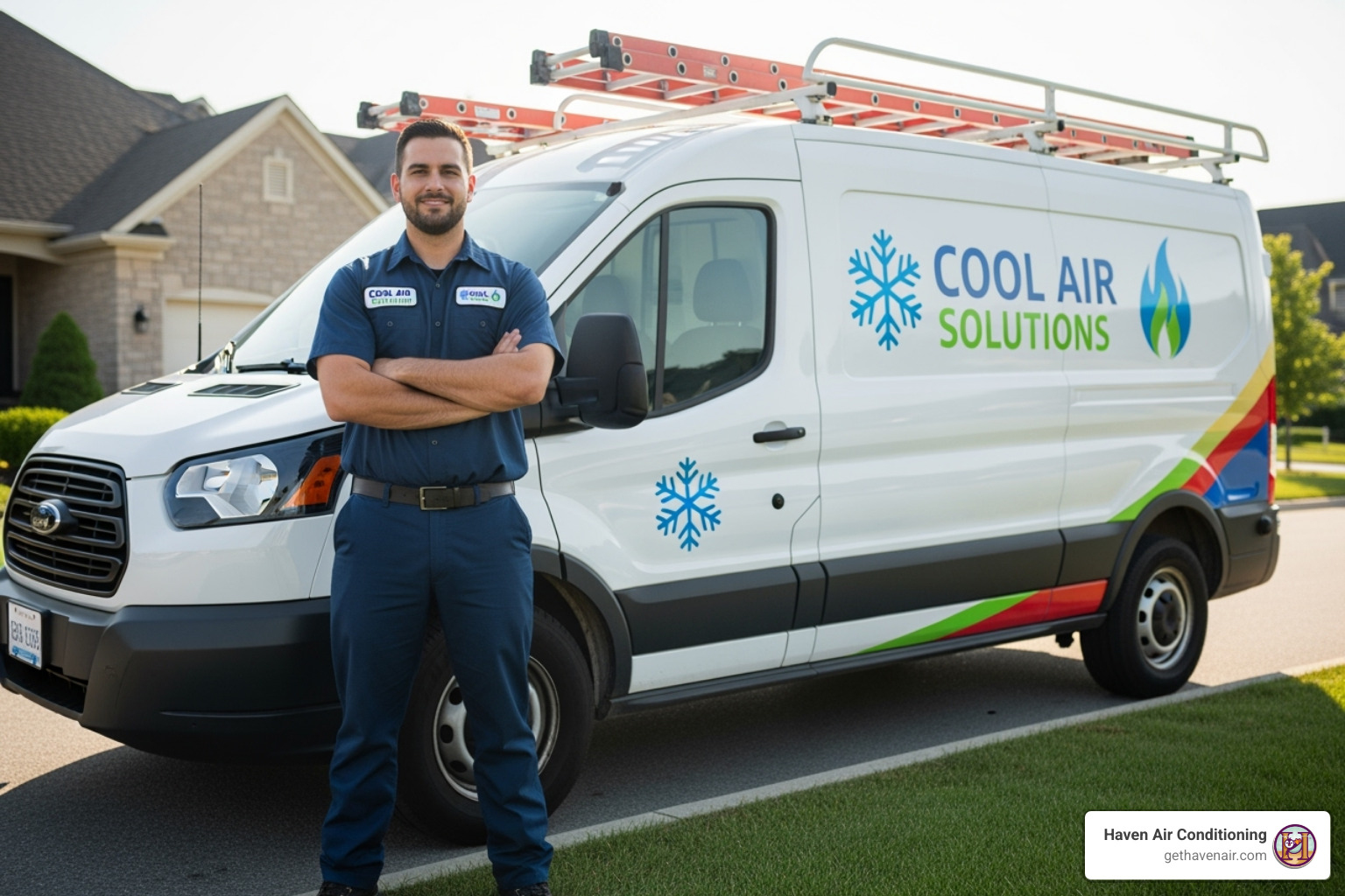 confident HVAC technician standing in front of a company service vehicle - certified hvac technicians confident HVAC technician standing in front of a company service vehicle - certified hvac technicians