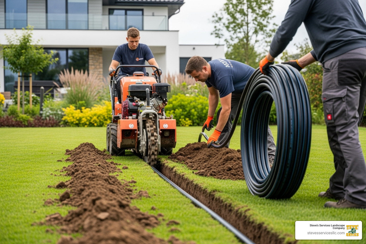 professional crew using a trenching machine - installing irrigation system professional crew using a trenching machine - installing irrigation system