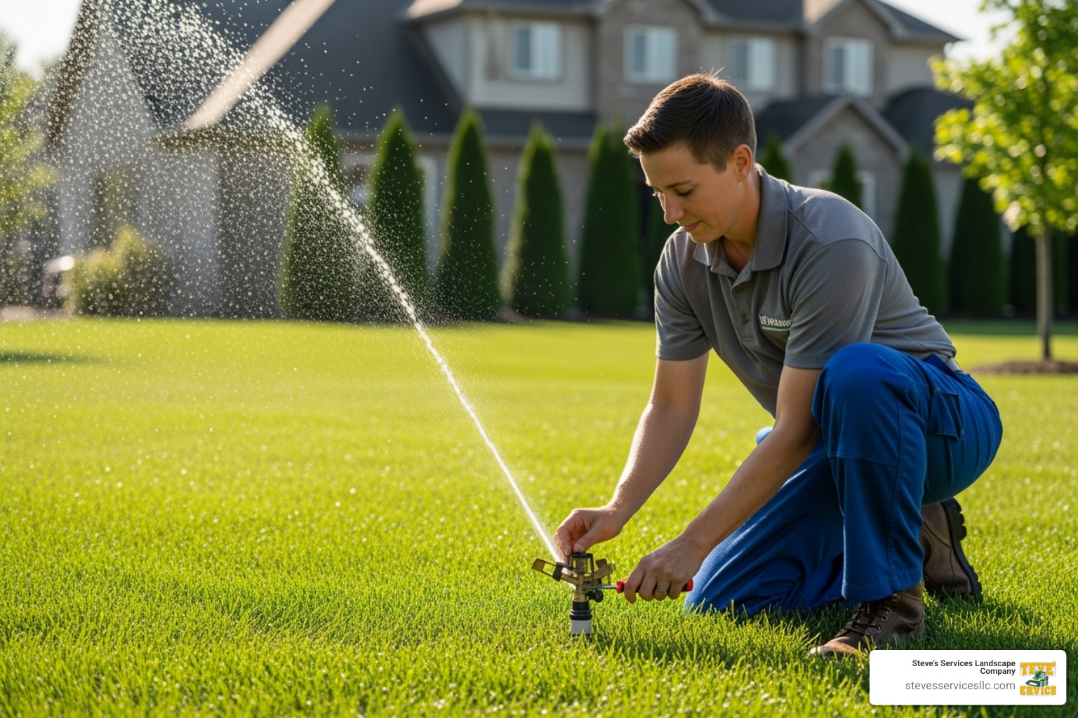 sprinkler head spraying water with a technician making adjustments - installing irrigation system sprinkler head spraying water with a technician making adjustments - installing irrigation system