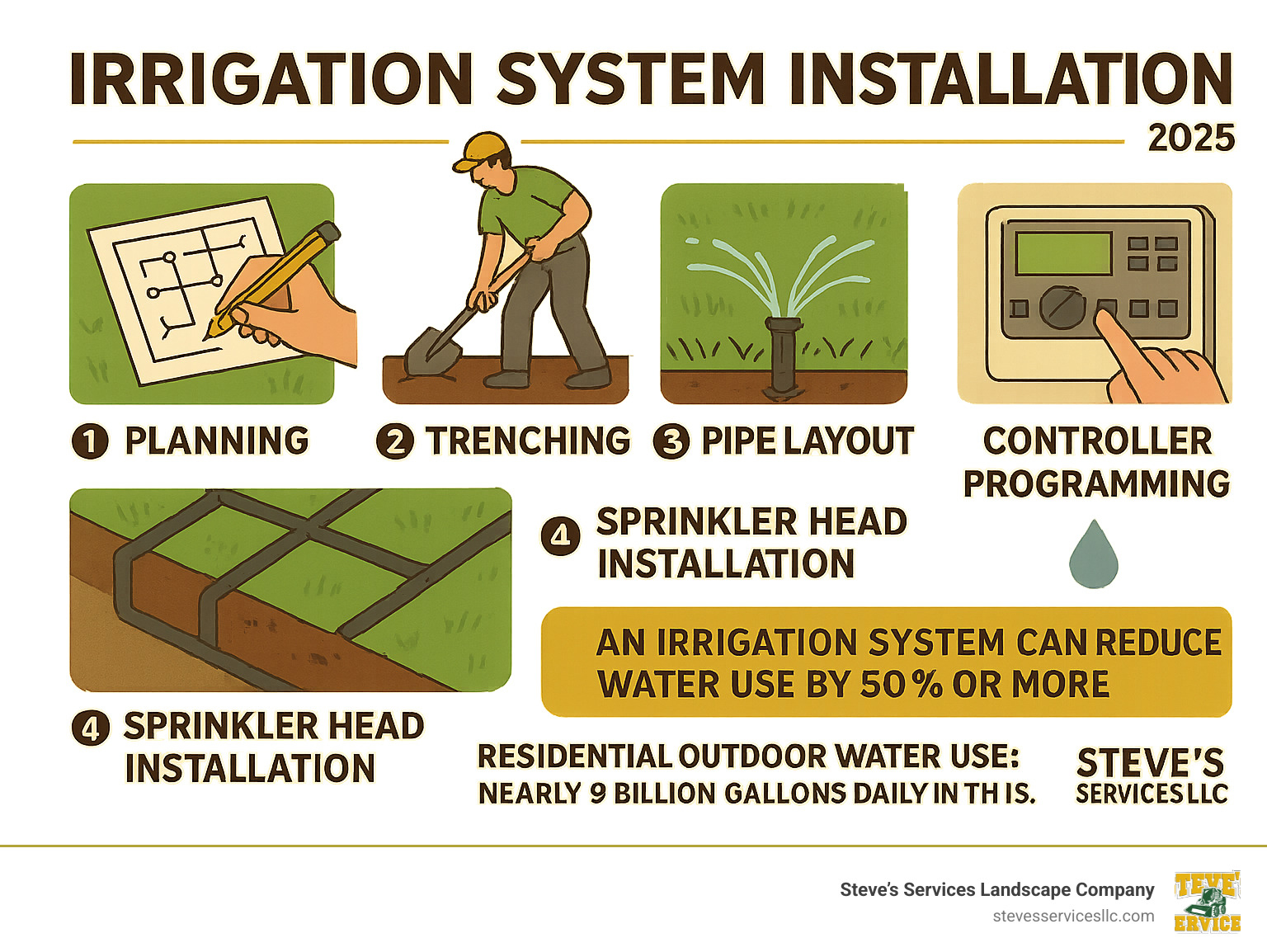 Comprehensive irrigation system installation process showing planning, trenching, pipe layout, sprinkler head installation, and controller programming with water conservation statistics - installing irrigation system infographic Comprehensive irrigation system installation process showing planning, trenching, pipe layout, sprinkler head installation, and controller programming with water conservation statistics - installing irrigation system infographic