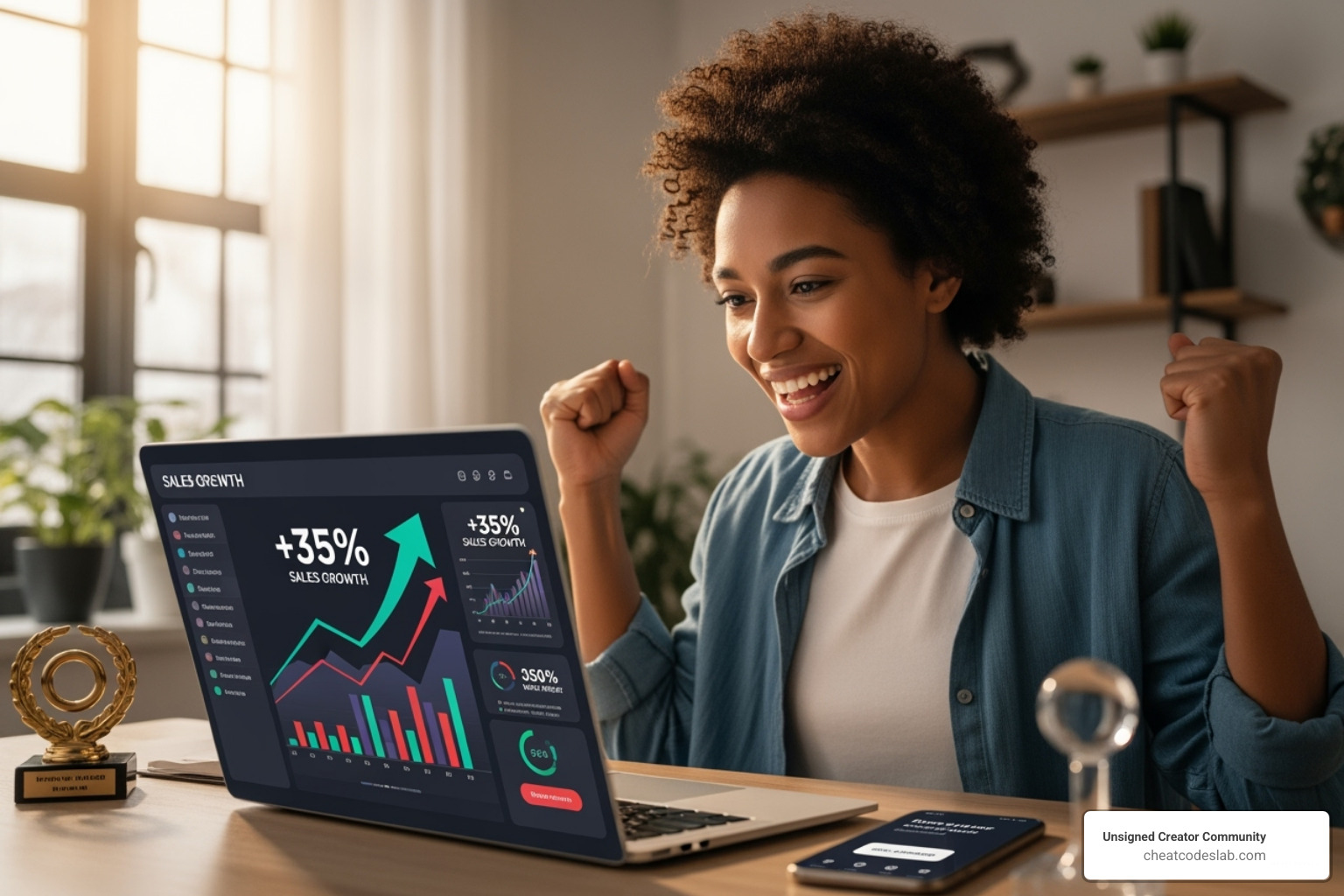 Image of a seller celebrating increased sales, with charts and graphs showing growth on a laptop screen, symbolizing successful optimization. - amazon seo keyword tool