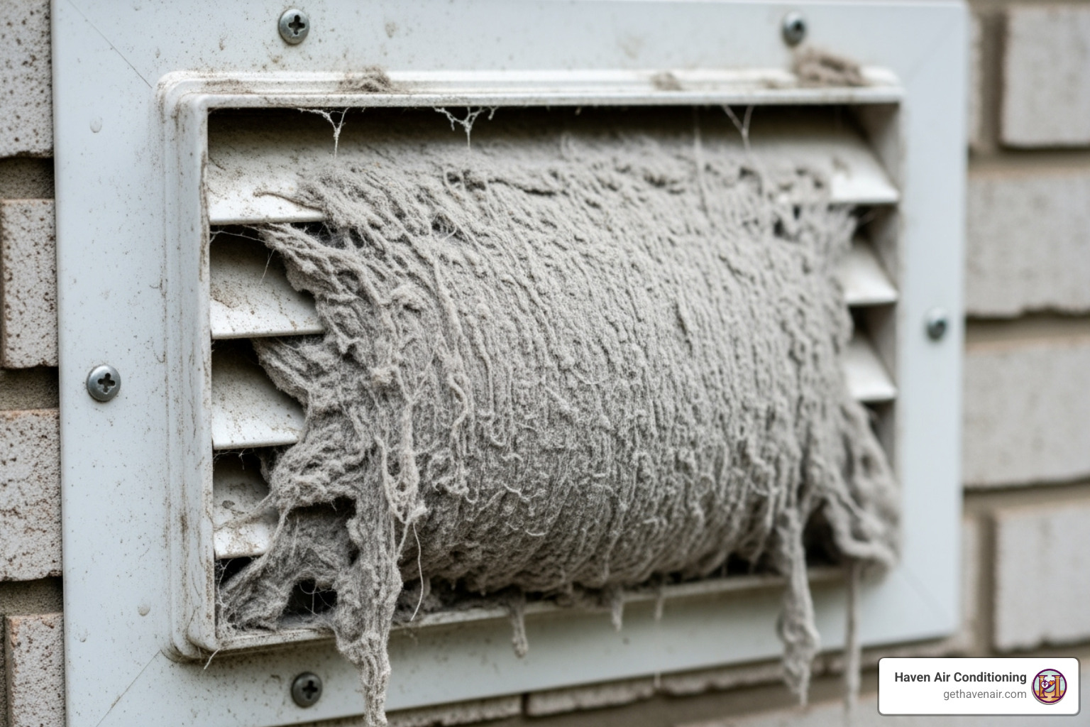 An exterior dryer vent flap is completely blocked by a thick layer of lint, preventing air from escaping - annual dryer vent cleaning