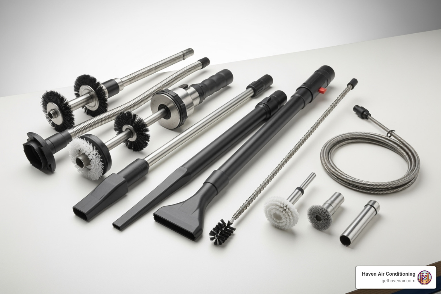 A display of professional rotary brush tools and specialized vacuum attachments sits next to a basic, coiled DIY cleaning kit, highlighting the difference in equipment - annual dryer vent cleaning