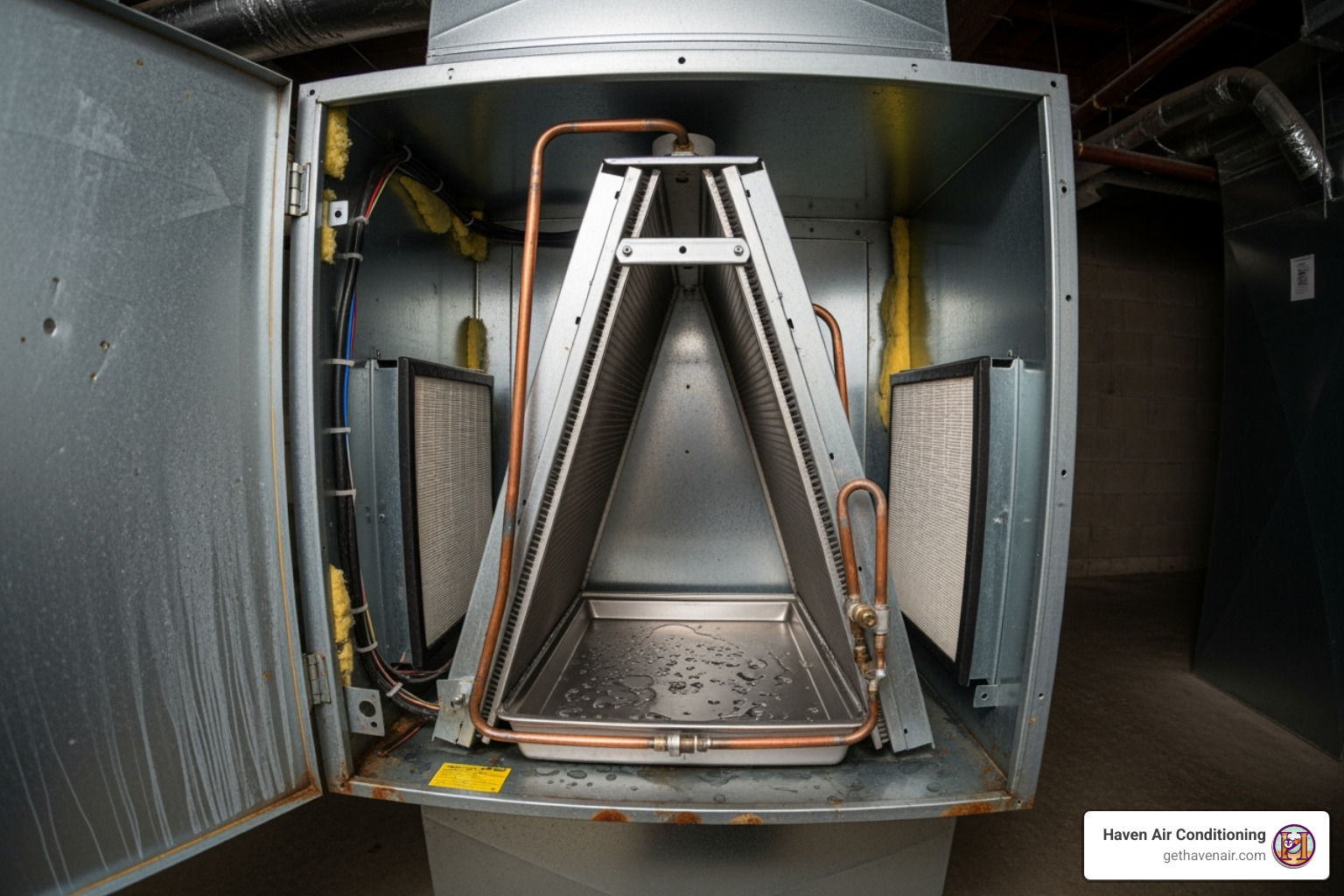 Indoor air handler with access panel removed showing the A-frame evaporator coil - ac coil cleaning Indoor air handler with access panel removed showing the A-frame evaporator coil - ac coil cleaning