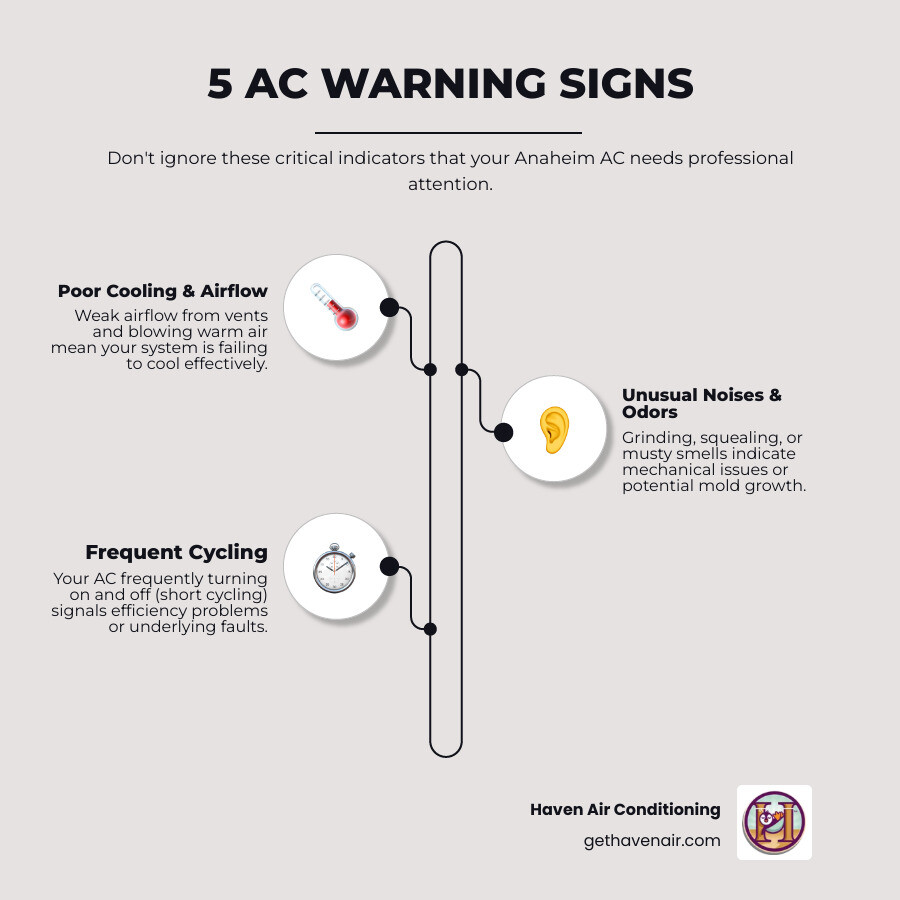 infographic showing 5 key warning signs your AC needs professional service: weak airflow from vents, warm air instead of cool air, strange grinding or squealing noises, unpleasant musty odors, and frequent on-off cycling patterns - ac service anaheim infographic infographic-line-3-steps-neat_beige