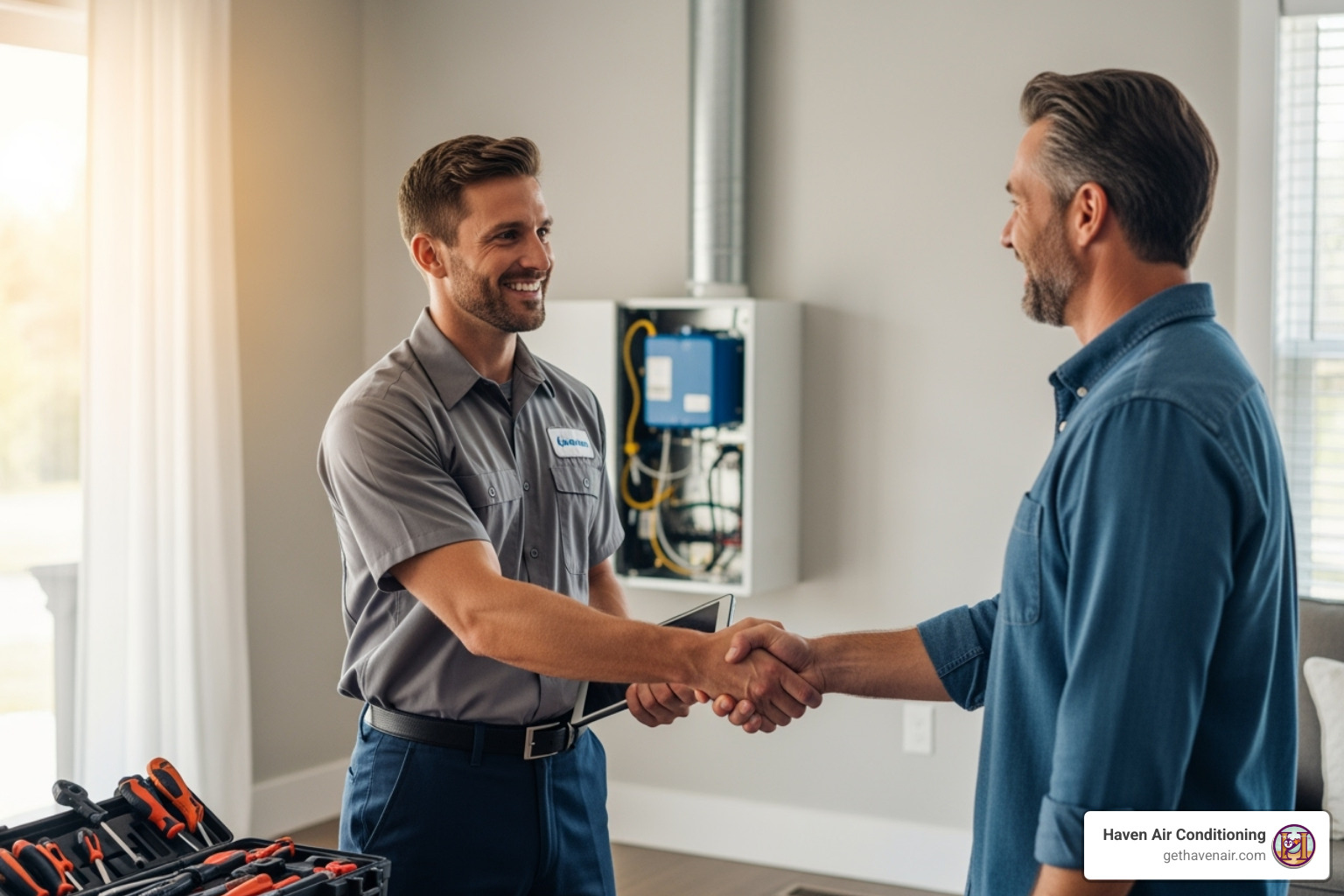 of a homeowner shaking hands with a friendly HVAC technician - hvac companies anaheim
