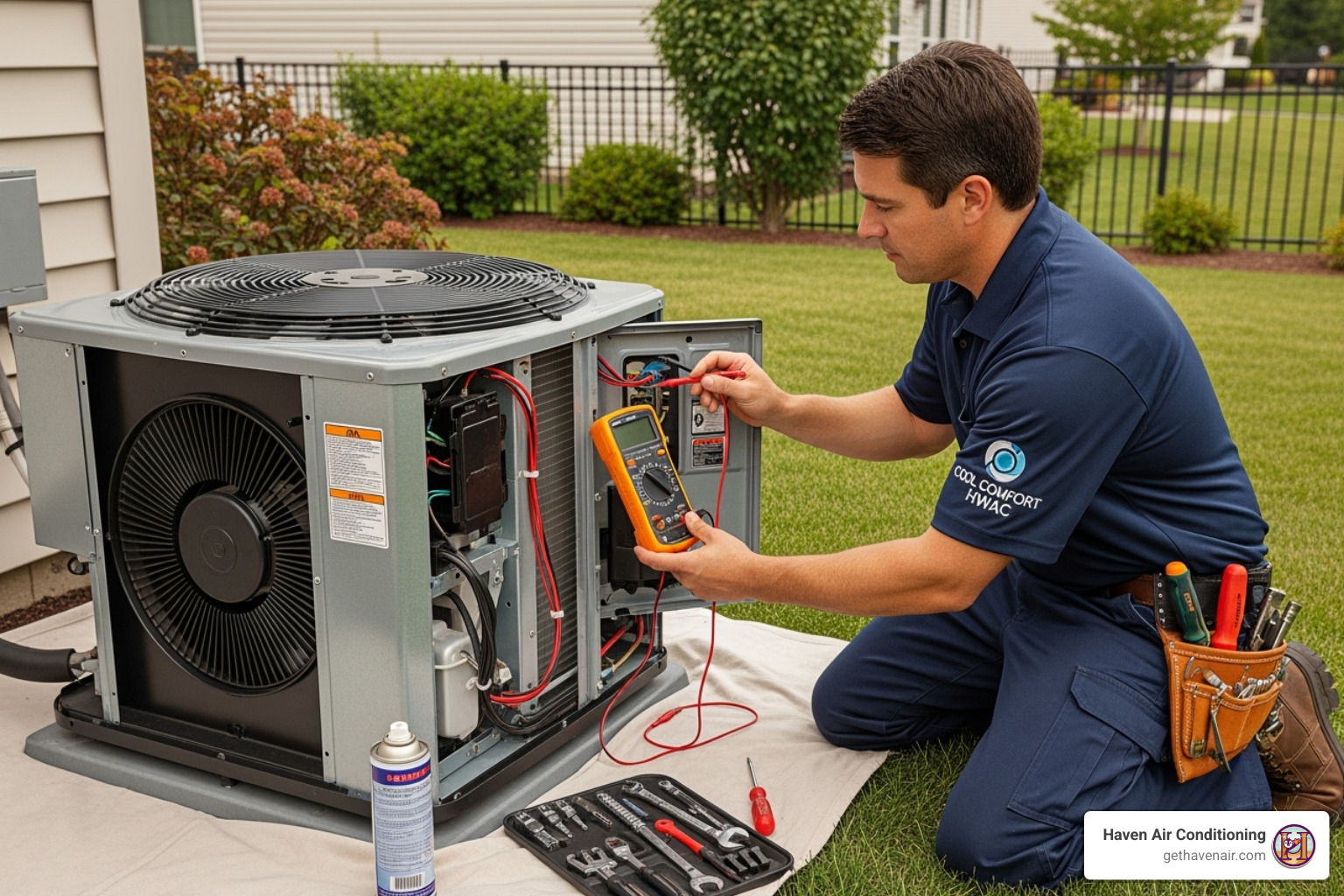 of a technician performing a tune-up on an outdoor AC unit - hvac companies anaheim
