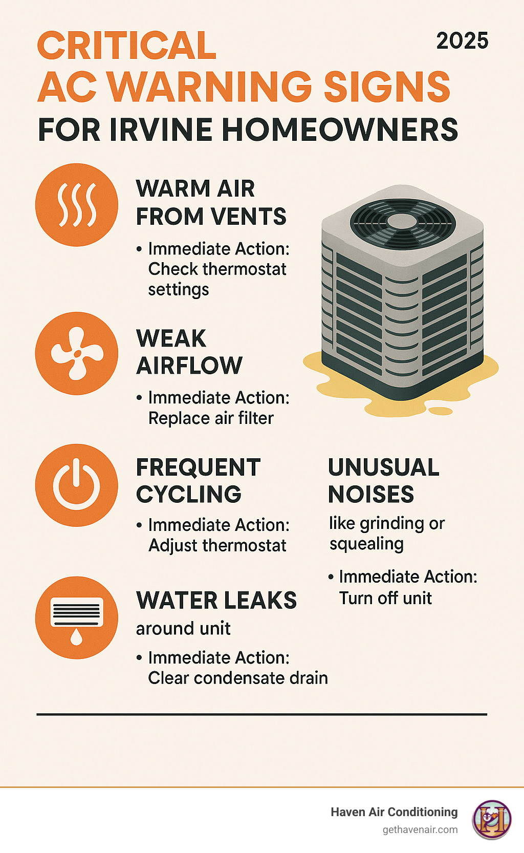 Infographic showing 5 critical AC warning signs for Irvine homeowners: warm air from vents, weak airflow, frequent cycling on and off, unusual noises like grinding or squealing, and water leaks around the unit, with recommended immediate actions for each symptom - air conditioner repair irvine infographic 