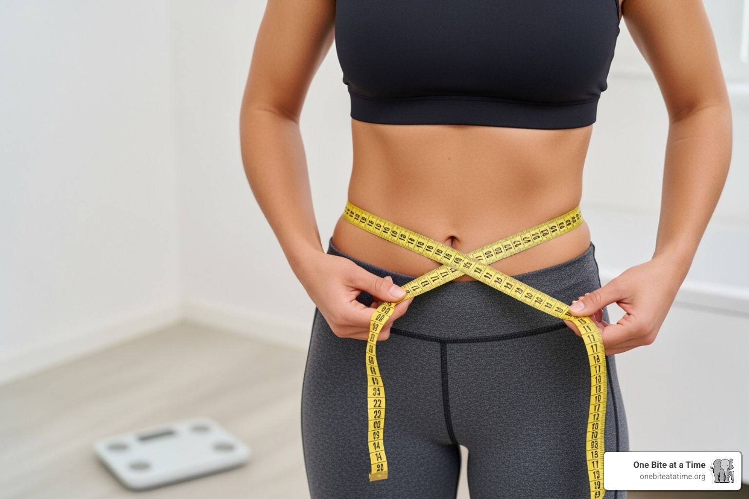 a person looking happy and healthy while measuring their waist, not just on a scale - dietitian advice for weight loss