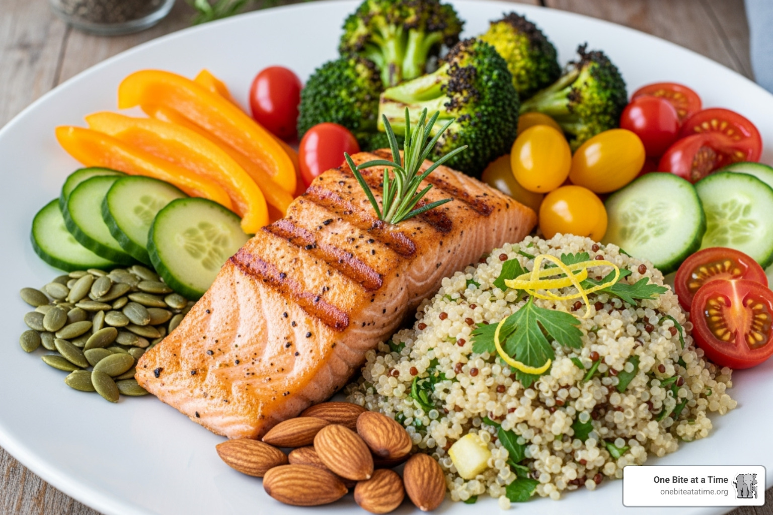 a colorful, balanced meal on a plate - dietitian advice for weight loss