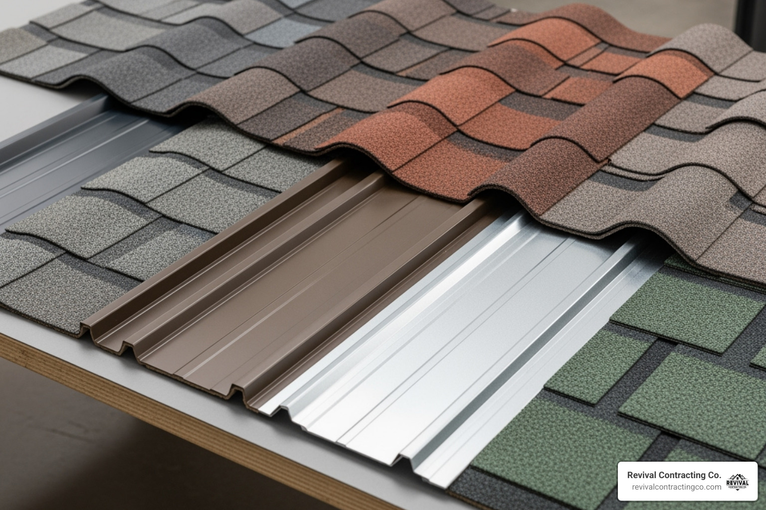 different roofing material samples like asphalt shingles and metal panels - ROOFING ESTIMATE YOUNGSTOWN OHIO