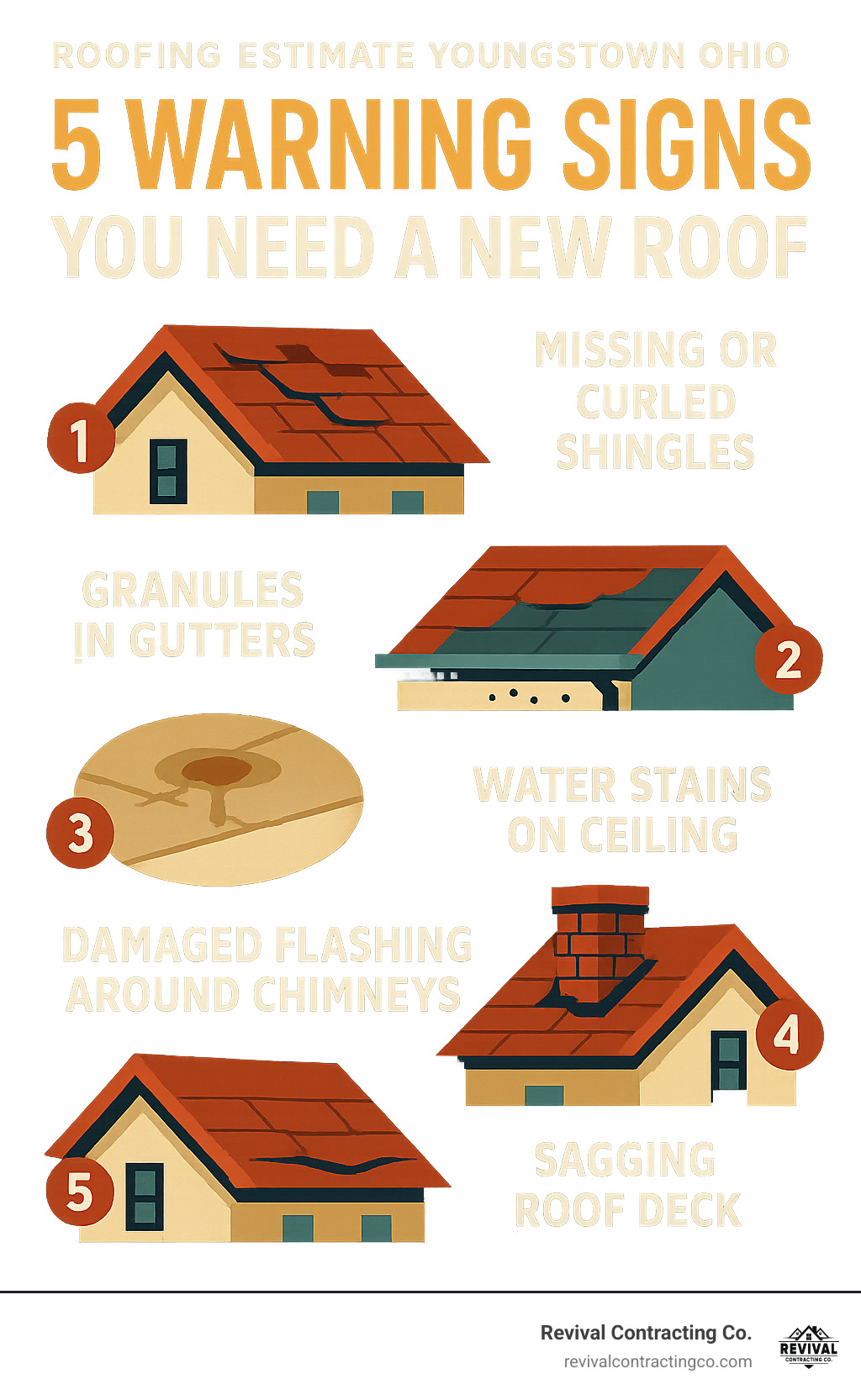 Detailed infographic showing 5 warning signs you need a new roof: missing or curled shingles, granules in gutters, water stains on ceiling, damaged flashing around chimneys, and sagging roof deck - ROOFING ESTIMATE YOUNGSTOWN OHIO infographic 