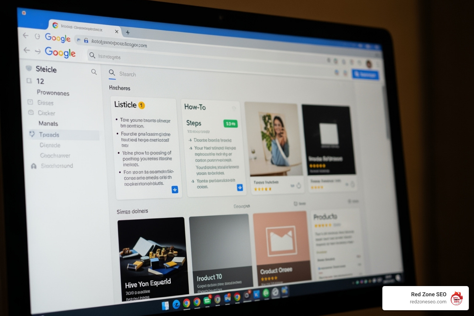 A Google SERP with different types of results highlighted (e.g., listicles, guides, product pages). - SEO blog writing
