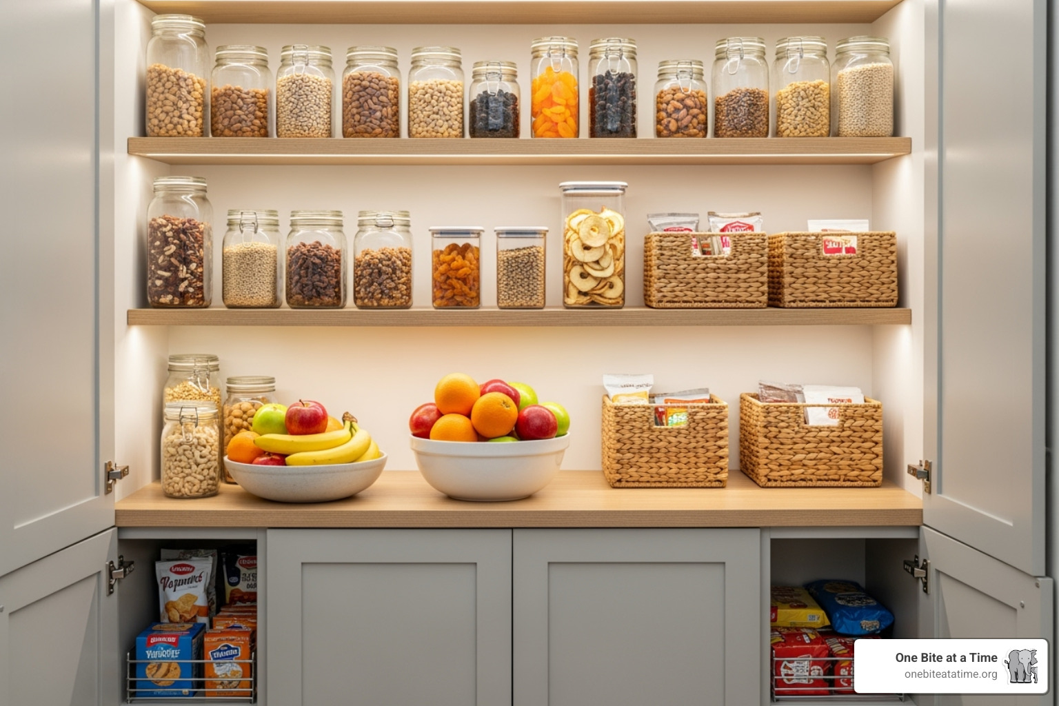 kitchen with healthy snacks visible and unhealthy snacks hidden away - curb late night eating